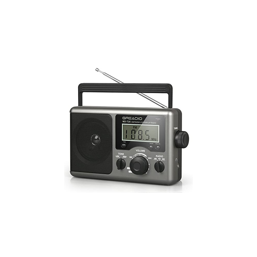 Greadio Portable Shortwave Radio,AM FM Transistor Radio with Best Reception,LCD Display,Time Setting,Battery Operated by 4 D 
