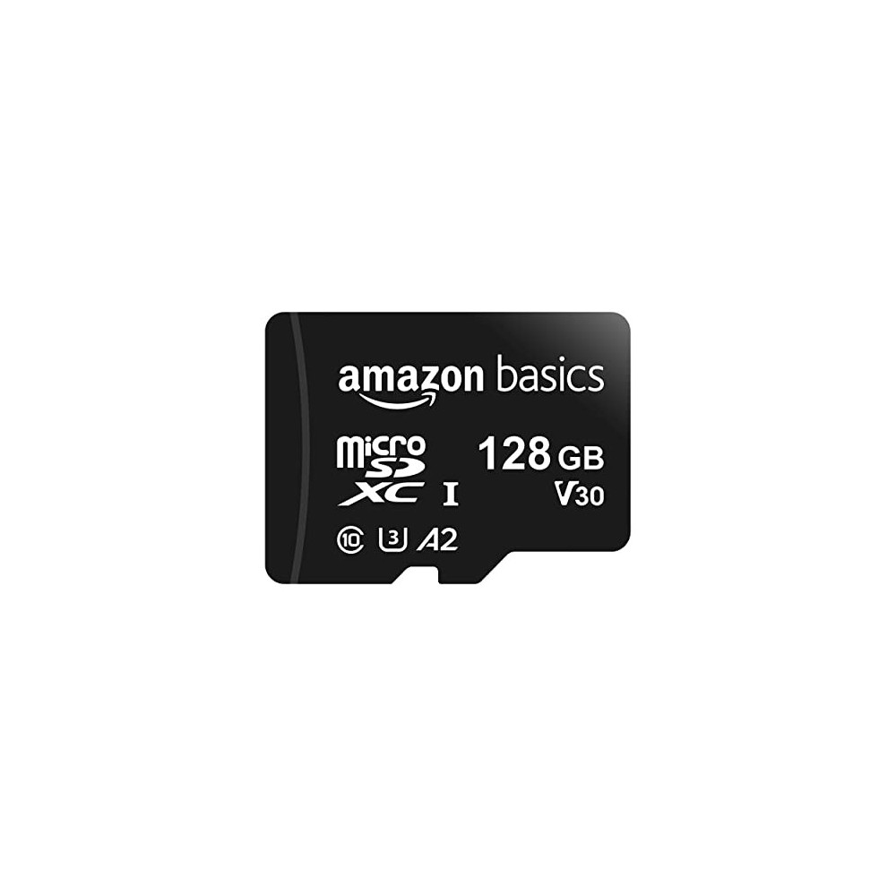 Amazon Basics microSDXC Memory Card with Full Size Adapter, A2, U3, Read Speed up to 100 MB/s, 128 GB