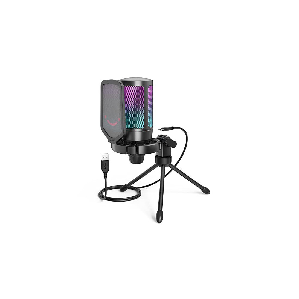 FIFINE Gaming USB Microphone for PC PS5, Condenser Mic with Quick Mute, RGB Indicator, Tripod Stand, Pop Filter, Shock Mount,