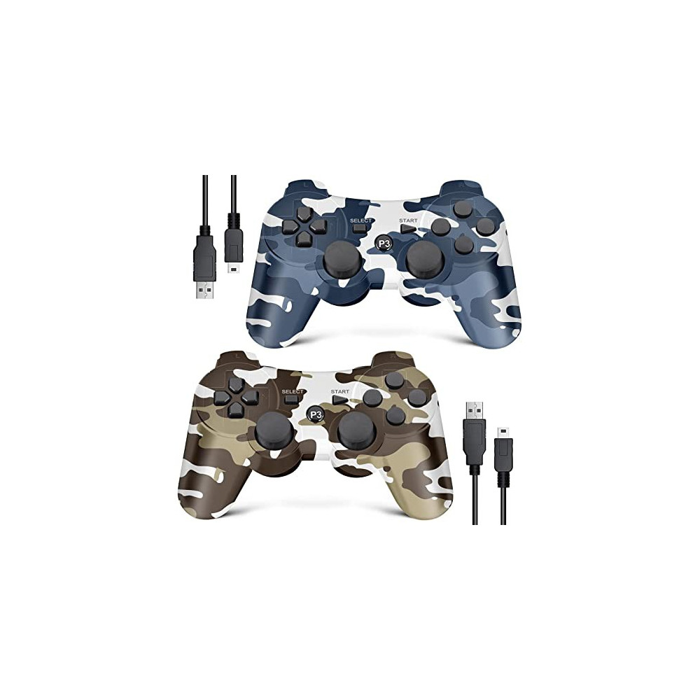 PS3 Controller Wireless 2 Pack, Upgraded Joystick Controller for PS3 with Double Shock, Motion Control  Camo Brown and Camo B