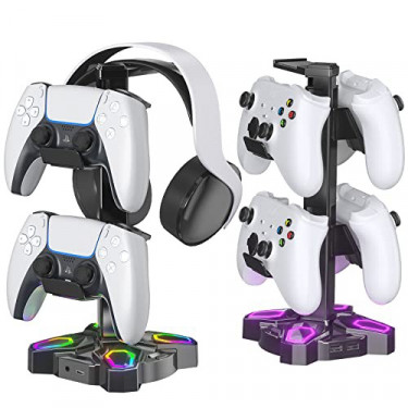 KDD Gaming RGB Headphones Stand, Rotatable Headset Stand with 9 Light Modes - Controller Holder with 2 USB Charging Ports and