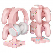 KDD RGB Headphone Stand with 9 Light Modes - Rotatable Pink Game Headset Holder with 3.5mm AUX & 2 USB Port - Suitable for PC