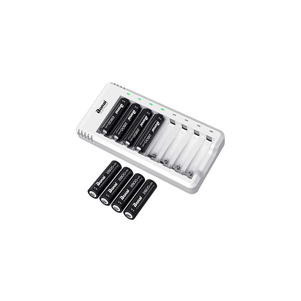 AA Rechargeable Batteries with Charger BONAI 8 Pack 2800mAh High Capacity Ni-MH Rechargeable AA Batteries with Charger AA Set