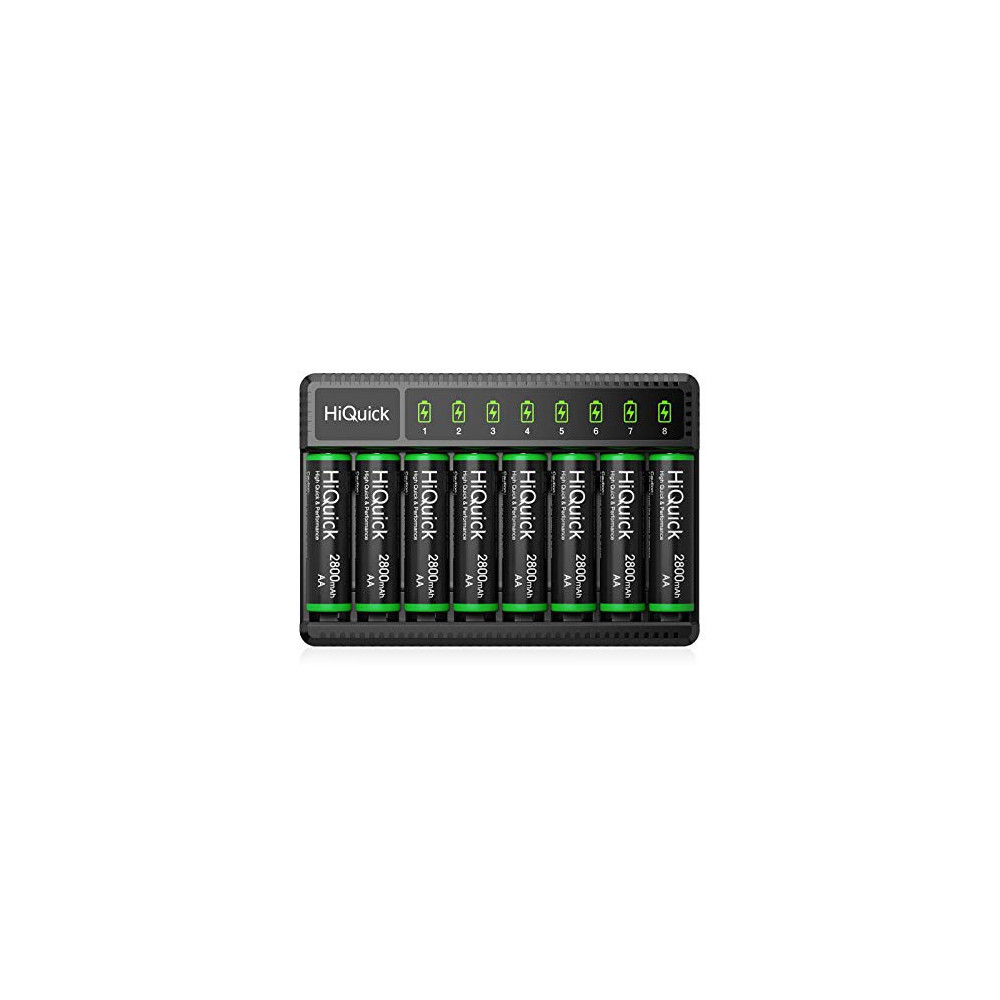 HiQuick 2800mAh Pre-Charged AA Rechargeable Batteries  8 Pack  and 8-Bay Fast Charging AA AAA Battery Charger for NIMH NiCd R