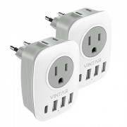[2-Pack] European Travel Plug Adapter, VINTAR International Power Adaptor with 1 USB C, 2 American Outlets and 3 USB Ports, 6