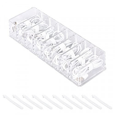 Yesesion Plastic Cable Management Box with 10 Wire Ties, Clear Power Cord Organizer with 8 Compartments, Electronics Organize