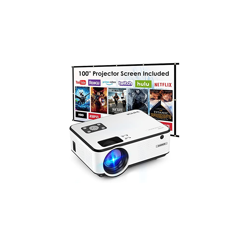 Mini Projector, SHIMOR C9 7500L HD Outdoor Movie Projector with 100 Inch Projector Screen, 1080P Supported Compatible with TV