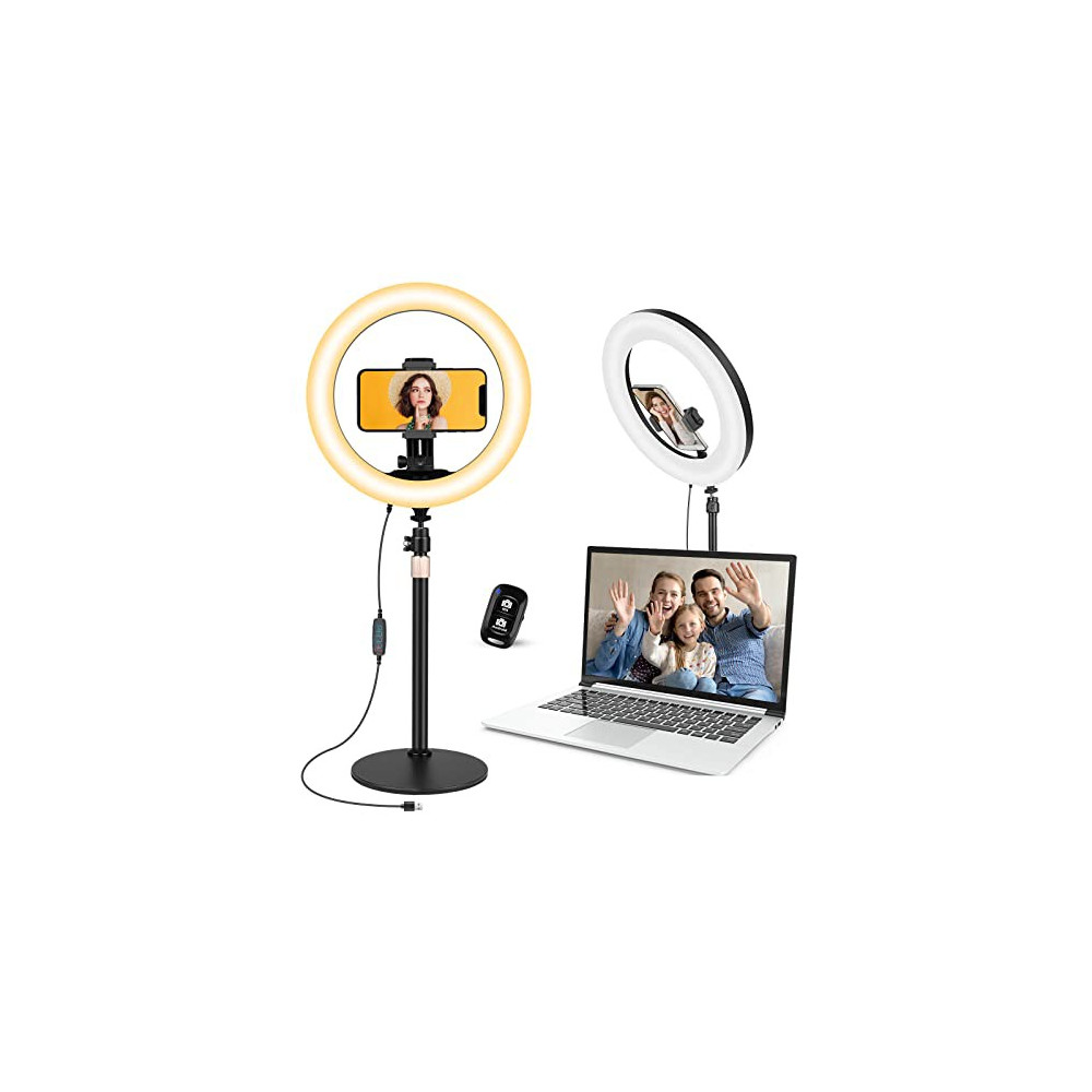 Aureday 10 Desktop Ring Light with Stand and Phone Holder, Video Conference Lighting with Remote for Makeup/YouTube/Tiktok/